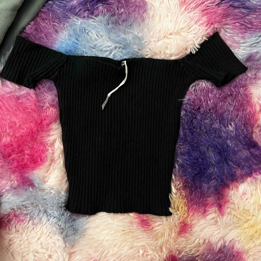 ARE YOU AM I Black Ribbed Off-Shoulder Top